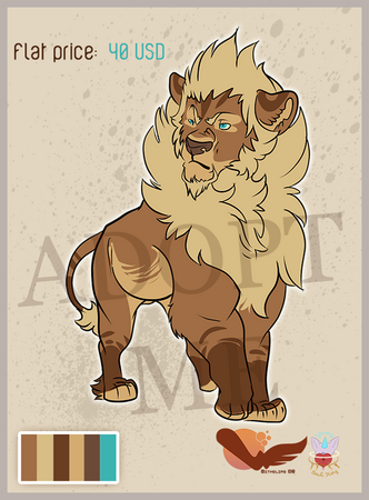 Feral brown lion with darker marks and blue eyes. Flat price: 40 USD.