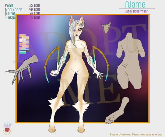 Cyber dobermann adopt refsheet! Female bodytype, albinos skin (cream color with some white shades), grey hair and blue cyber eyes. They got gold mantis blade on there arms with blue variations (cyberpunk inspiration). Price start at 25 USD for the front.