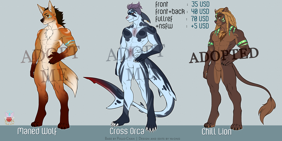 A batch with a Maned Wolf, a Orca and a Lion adopt. Lion is adopted. Price start at 35 USD.