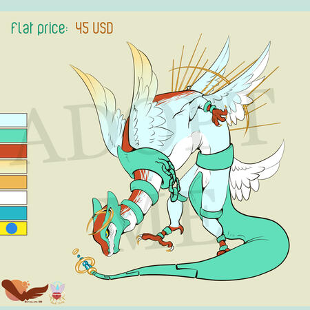 Dragon-like creature with archangel inspiration (6 wings). Turquoise scales with orange marks. Flat price : 45 USD.