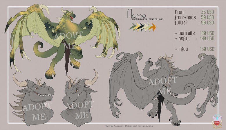 Elden Dragon Refsheet Adopt! No gender & muscular bodytype. Occidental dragon. Colors inspired by The Erdtree from Elden Ring with green and gold colors.