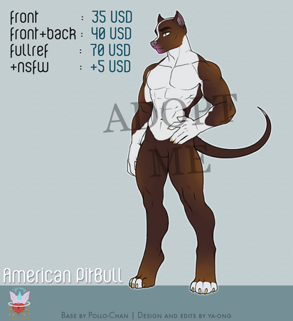American Pitbull adopt refsheet! Muscular bodytype, brown & white skin, no hair, long tail & yellow eyes. Price start at 35 USD for the front.