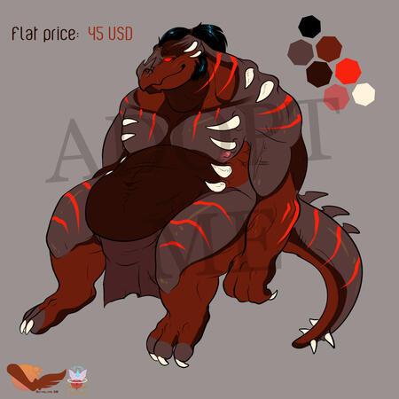Chubby red/brown demon with light red stripes. Has black hair and smol beard. Flat price: 45 USD.
