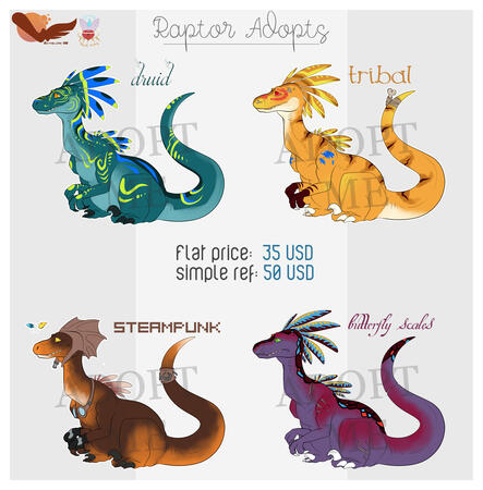 Raptors made with my friend Withelias. There are 4 variants: druid, tribal, steampunk and butterfly. Flat price: 35 USD (50 USD with a smol ref).