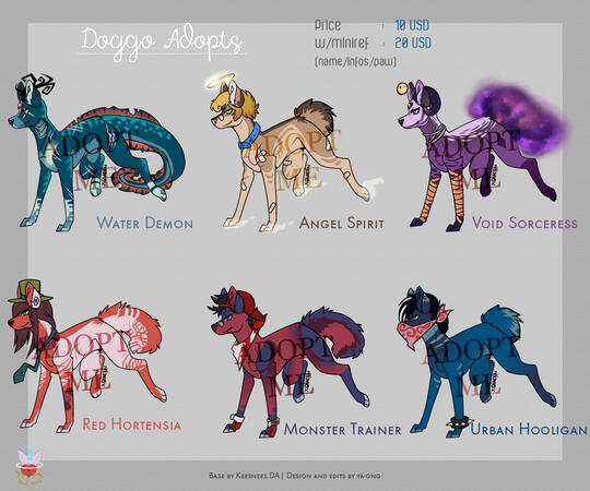 Six fantasy dog to adopt ! Price is 10 USD each. An custom miniref with name, info and paws close-up can be buy for 20 USD