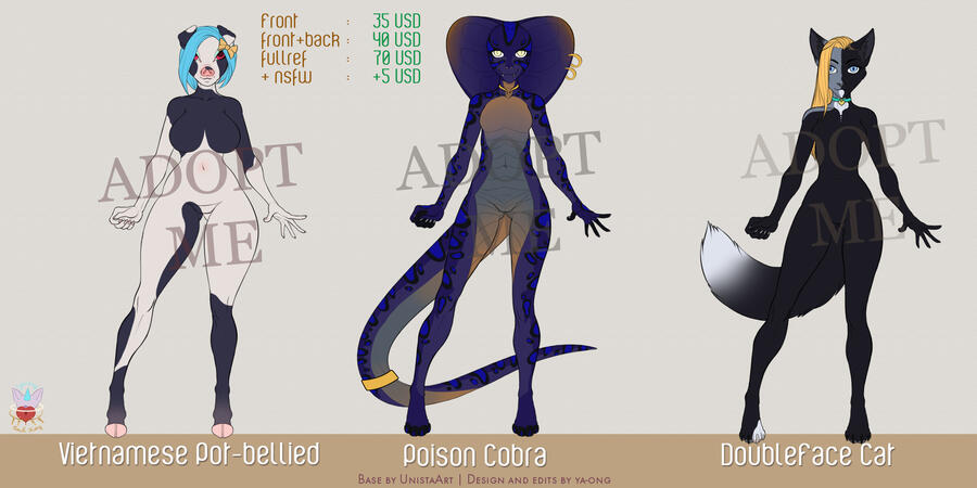 A batch with a Vietnamese Pig, a Cobra and a black double face cat adopt. Price start at 35 USD.